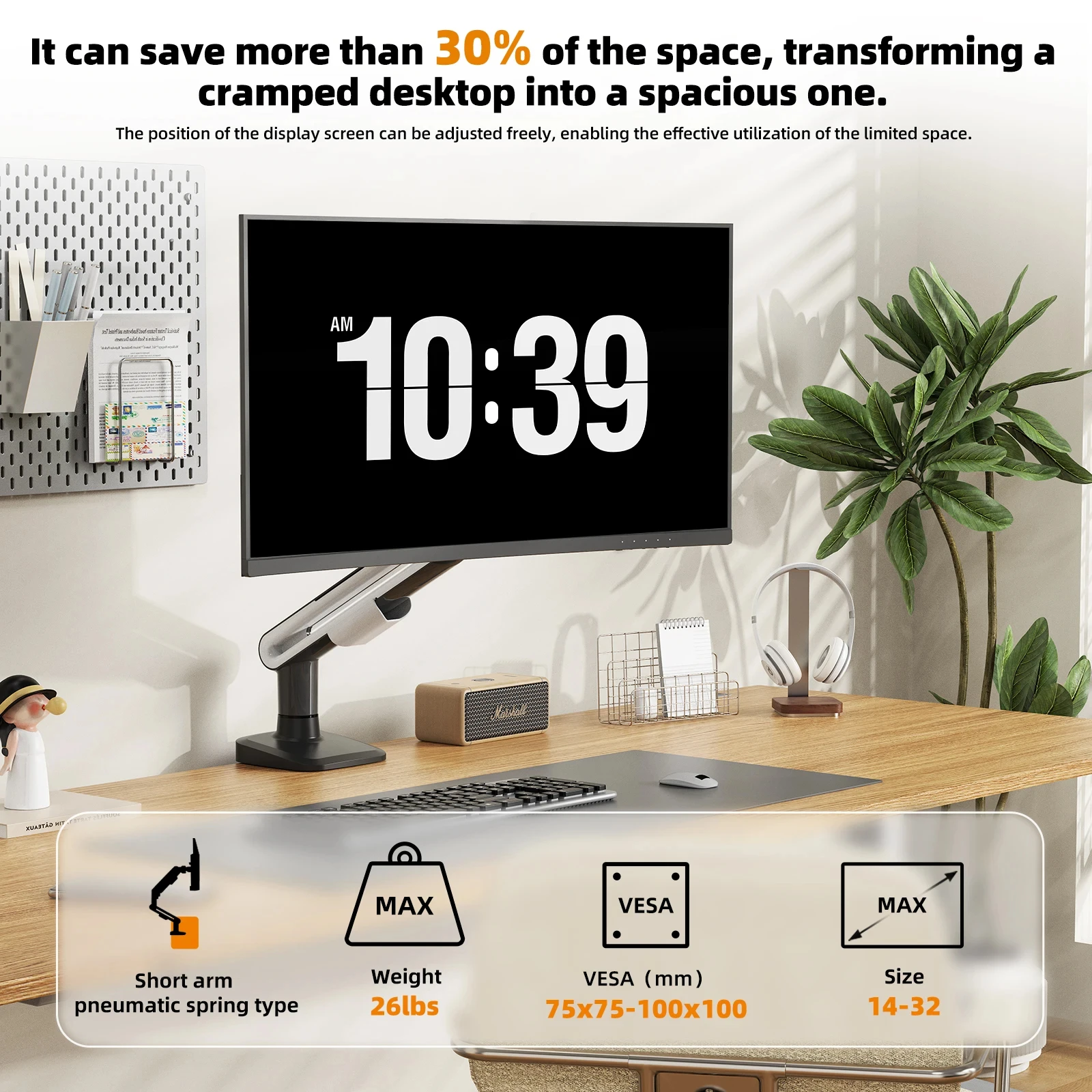 Soporte de brazo de monitor individual para pantallas de 13-32 pulgadas Soporte de escritorio ajustable con abrazadera/montaje de casillero, inclinación VESA y RGB y soportes giratorios de 9 kg - imagen 5