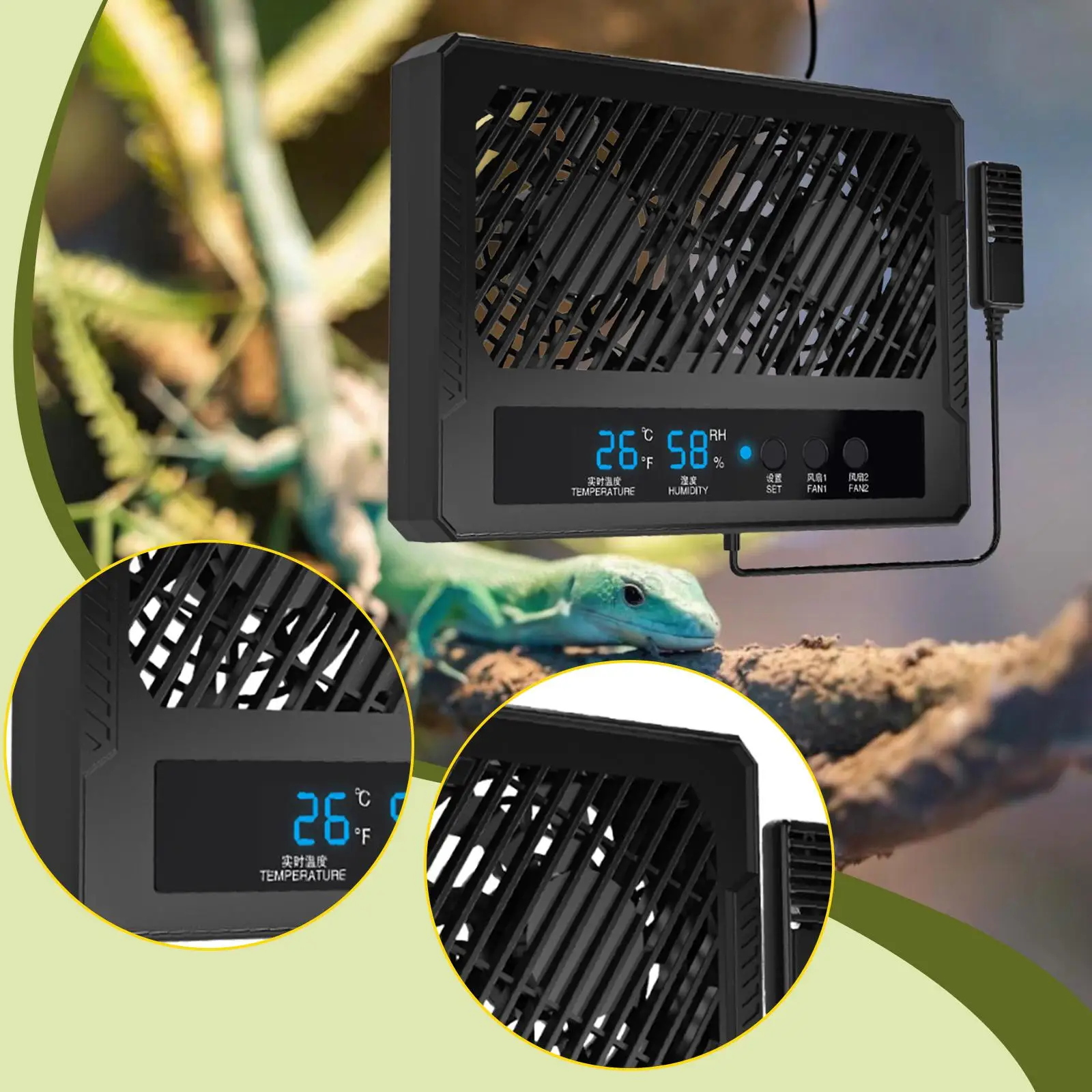 Ventilation Fan for Reptile Enclosure Digital Humidity Controller Double Fan