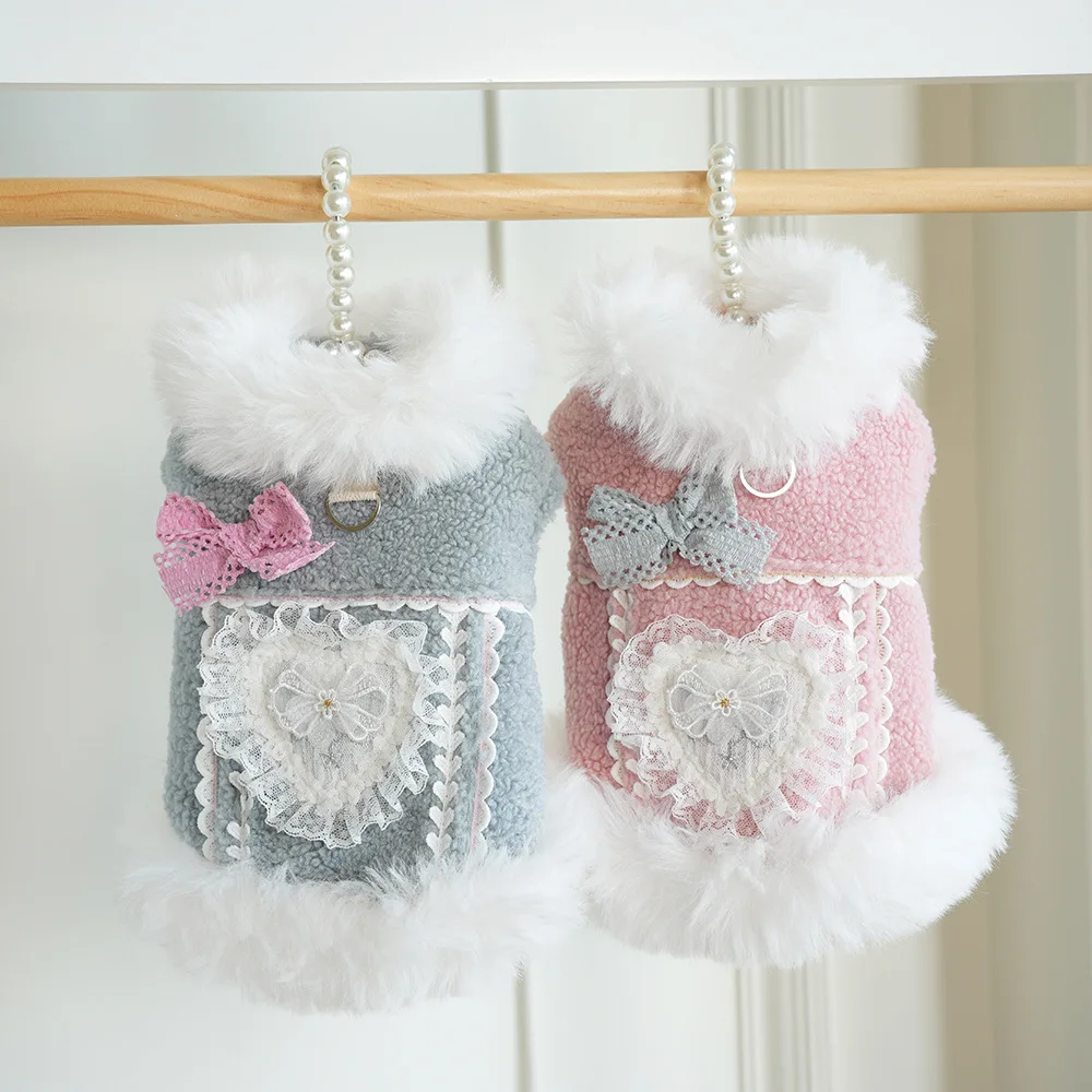 Chaqueta con cuello de felpa para mascotas, chaqueta de pana en forma de corazón de princesa, ropa para cachorros, ropa para perros pequeños, otoño e invierno