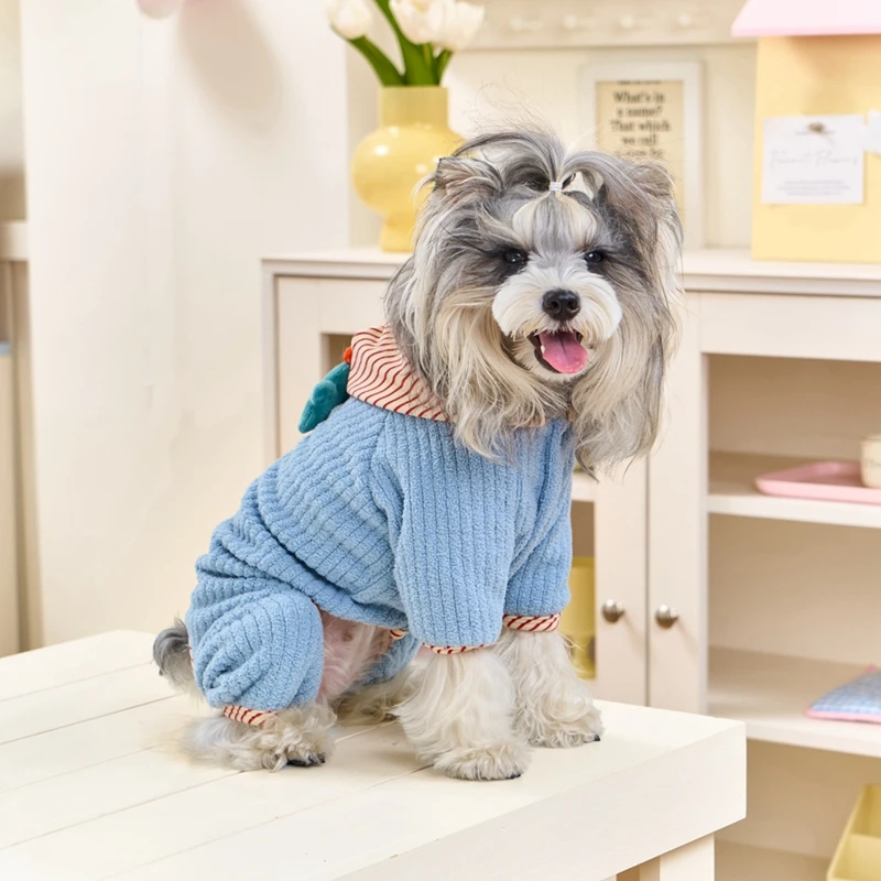 Lindo mono para perros con capucha a rayas, mono para mascotas con decoración de estrella H, ropa cálida de invierno para perros pequeños Yorkie Bichon - imagen 3