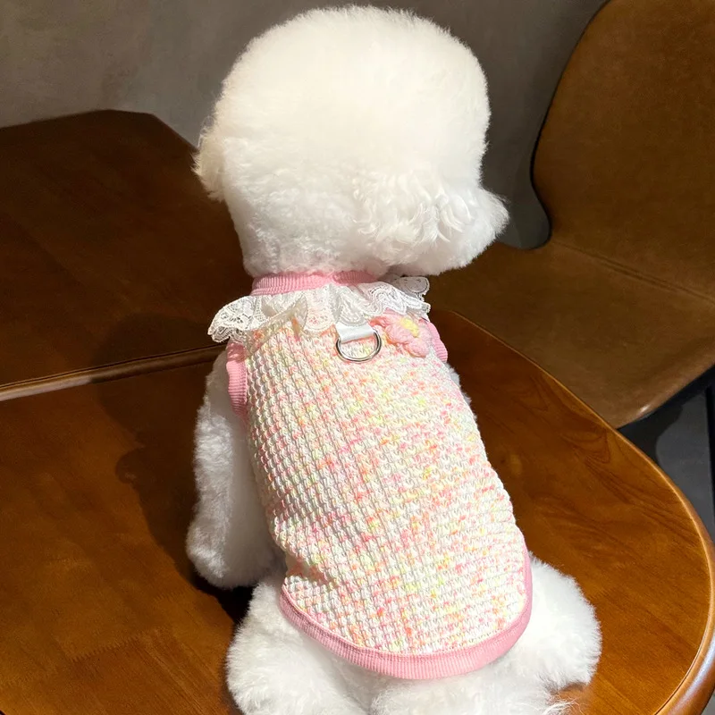 Chaleco tejido para mascotas de otoño, chaqueta con cuello de encaje y flores para perros, suéter de Yorkshire para perros pequeños y gatos, ropa para cachorros pequeños - imagen 4