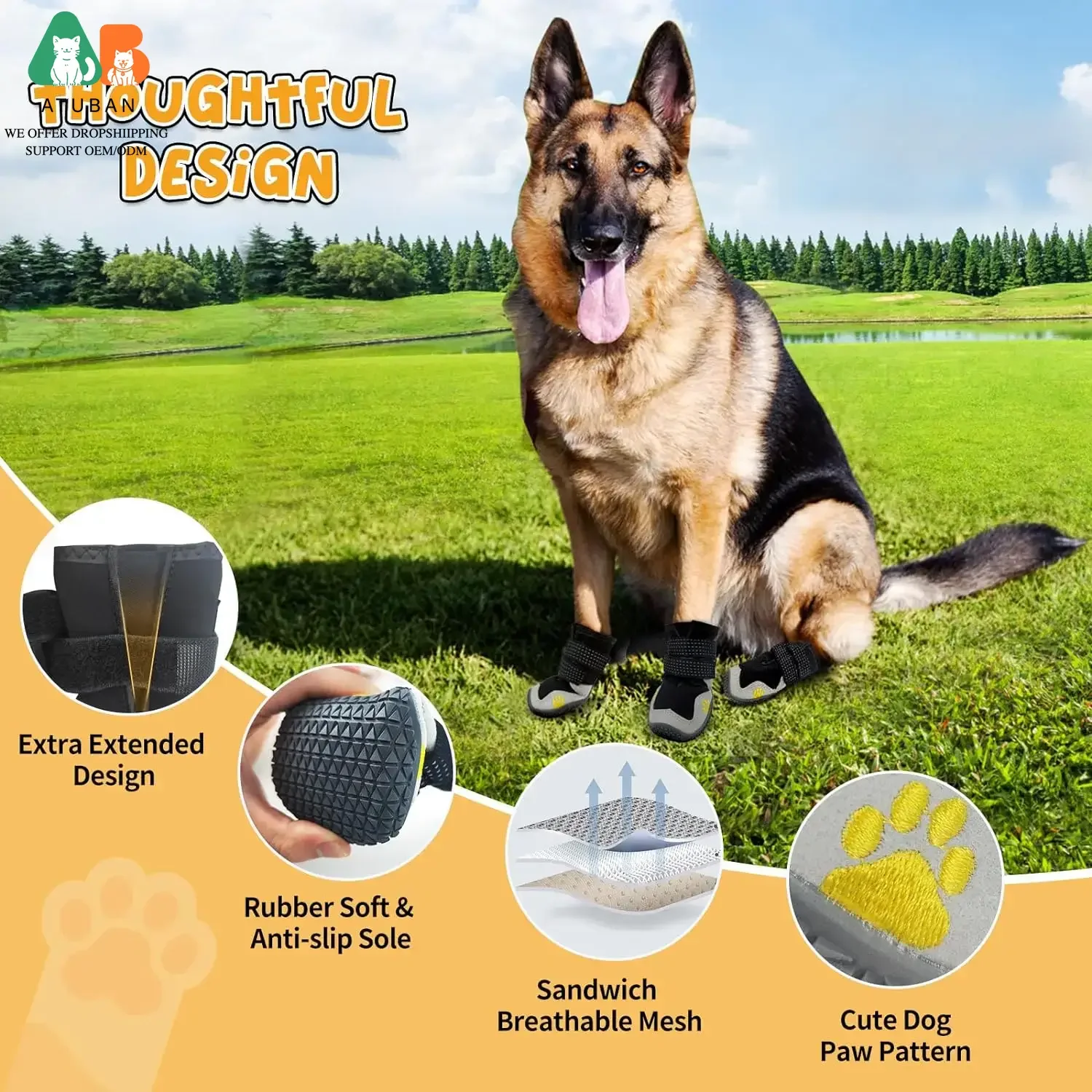 Zapatos para perros ATUBAN para perros de gran tamaño, botas impermeables para perros medianos y grandes, para pavimento caliente, invierno, nieve, senderismo, elástico transpirable - imagen 4