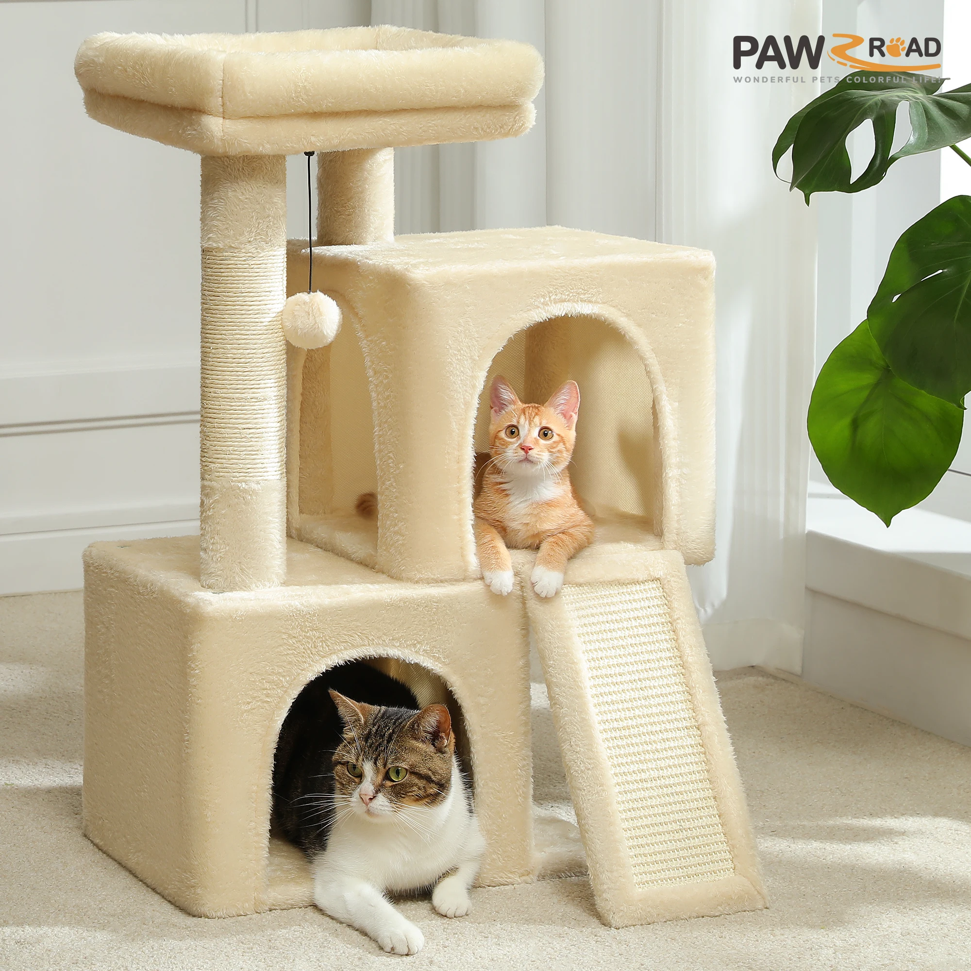 Árbol para gatos pequeño con condominio doble, rampa para rascar de Sisal y postes, percha acolchada, torre para gatos para interior, casa de gato de peluche, cama, juguetes para gatos - imagen 4