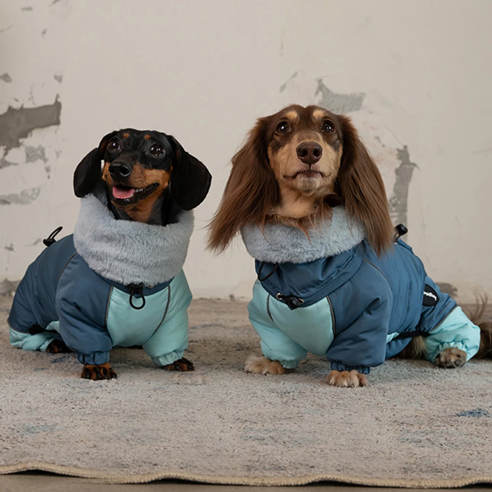 Abrigo de plumón grueso para perros Wiener en invierno, chaqueta cálida a prueba de viento con cuello de piel de visón de 4 patas para perros salchicha pequeños, medianos y grandes