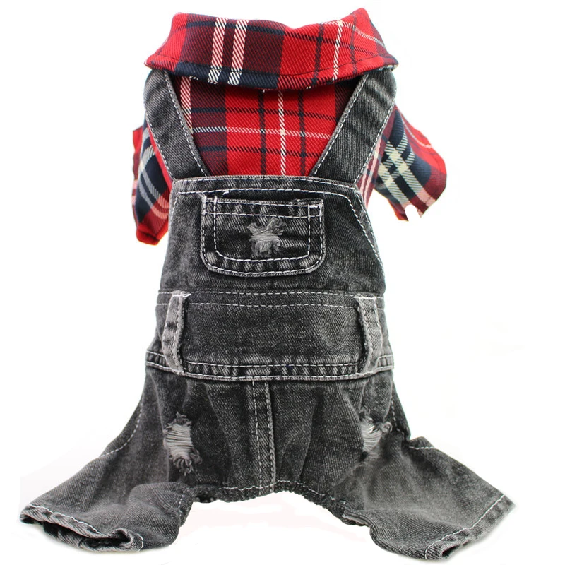 Black Dog Denim Jumpsuit Plaid Shirt Overalls for Dogs, Spring Clothes for Small Dogs Puppy Yorkie Jeans Jacket Pet Apparel - imagen 2
