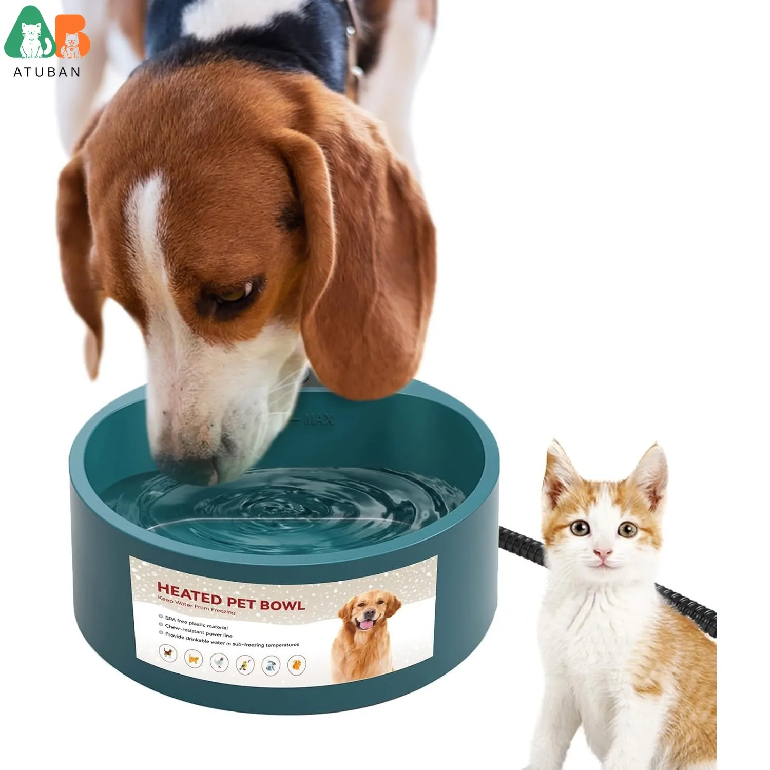ATUBAN-cuenco de agua calentada para gatos al aire libre, cuenco para perros calentado de 2,2 L, proporciona agua potable en invierno, bebedero calentado para mascotas para conejos