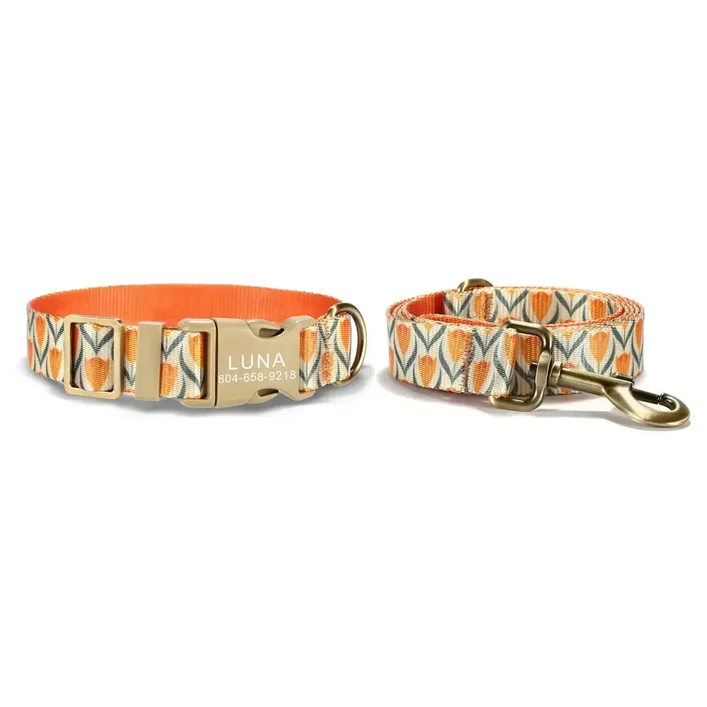 Collar de perro personalizado con grabado gratuito, correa para mascotas a juego, hebilla de contactos personalizados, Collar para mascotas de tulipanes