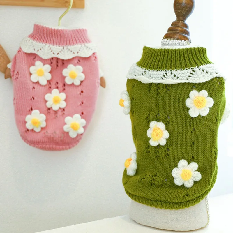 Suéter de invierno para mascotas, ropa para gatos, abrigo para perros, flores, suéter de punto cálido para perros pequeños, Yorkie, Chihuahua, ropa para mascotas - imagen 2