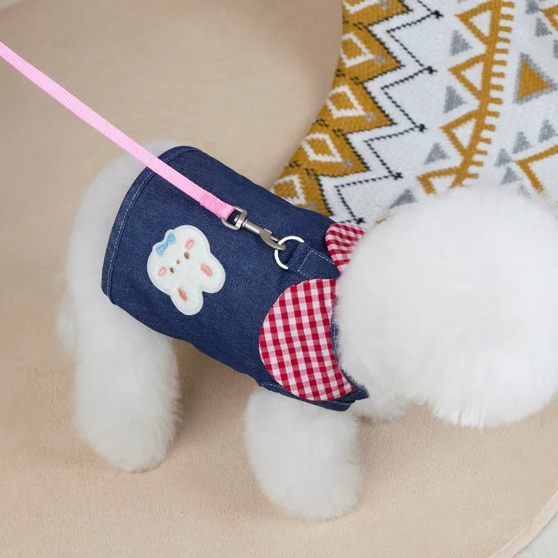 Chaleco vaquero de oso bonito para primavera/verano para mascotas, tracción en el pecho y la espalda, bonito vestido con lazo, ropa para cachorros, ropa para perros pequeños - imagen 4