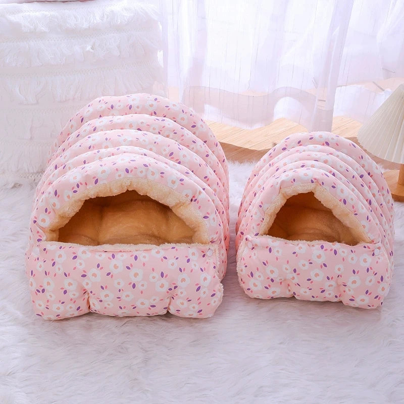 Cama para gatos cerrada y cálida para invierno, saco de dormir con forro de felpa extraíble para perros pequeños y gatos, casa para mascotas calentada con forro polar grueso - imagen 5