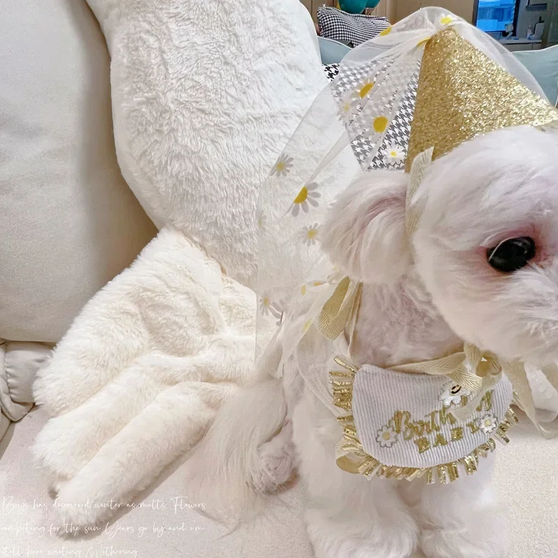 Sombrero de cumpleaños de margaritas para perros, babero para mascotas, toalla de Saliva para fiesta, bufanda triangular, gato, cachorro, Chihuahua, 1 Juego - imagen 2