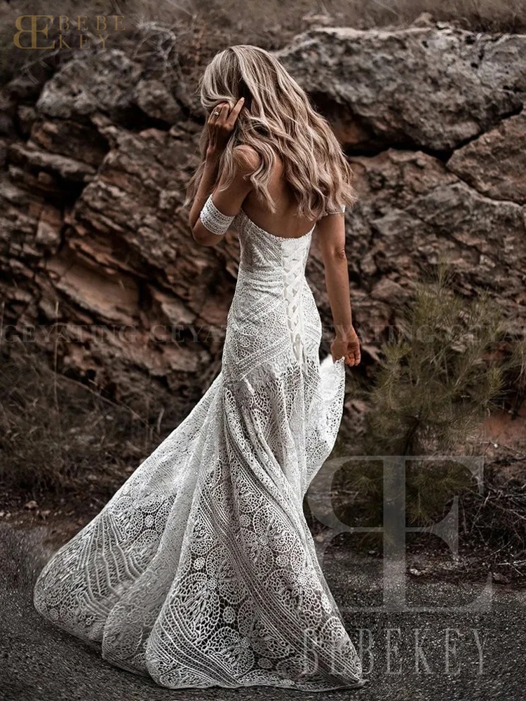 BEBEKEY-vestidos de novia bohemios de encaje con mangas desmontables, vestidos de novia bohemios de sirena personalizados, vestidos de novia largos de playa