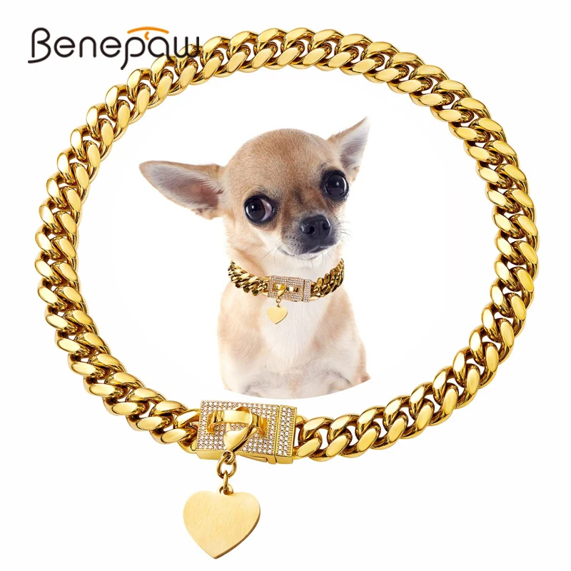 Benepaw Strong 18K Gold Dog Chain Collar Metal Collar Cubic Zirconia Secure Buckle Small Medium Big Dog Luxury Cuban Link