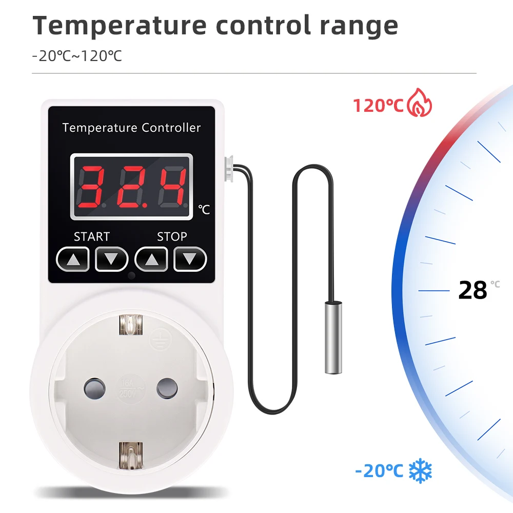 Enchufe controlador de temperatura inteligente AC 220V enchufe UE salida de termostato Digital-20 ~ 120 ℃   Interruptor de calefacción y refrigeración con sensor - imagen 2
