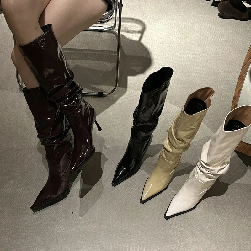 Botas altas de cuero para Mujer, zapatos sexis de tacón alto con punta puntiaguda, Botas Chelsea de fiesta a la moda para Mujer, Botas de nieve nuevas para Mujer - imagen 2