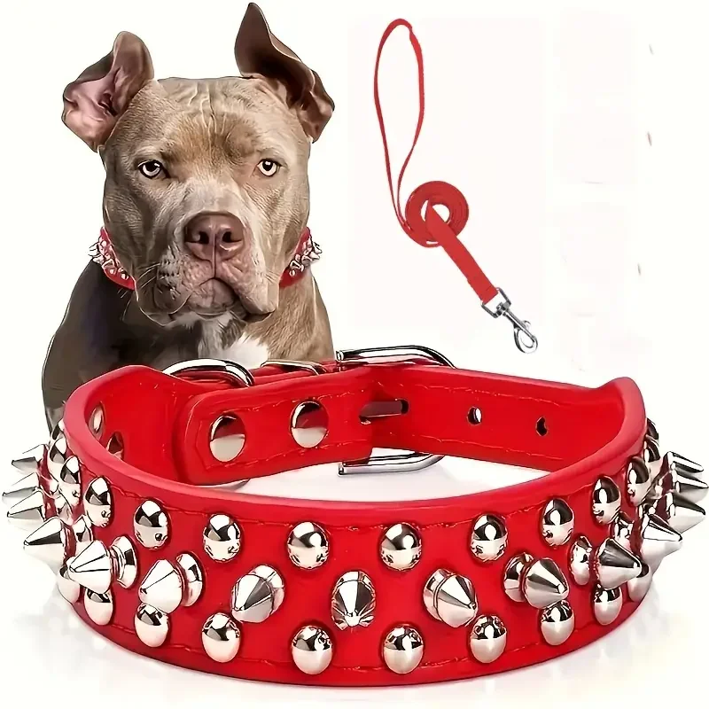 Juego de Collar y correa para perro con pinchos, Collar de perro de cuero con remaches, Collar ajustable para caminar al aire libre - imagen 4