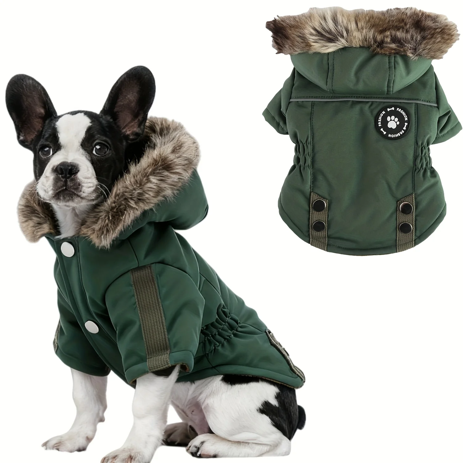 Abrigo de invierno con capucha para perros con correa reflectante, chaqueta cálida a prueba de viento para mascotas con forro de franela, capucha de piel sintética y bolsillo para perros pequeños