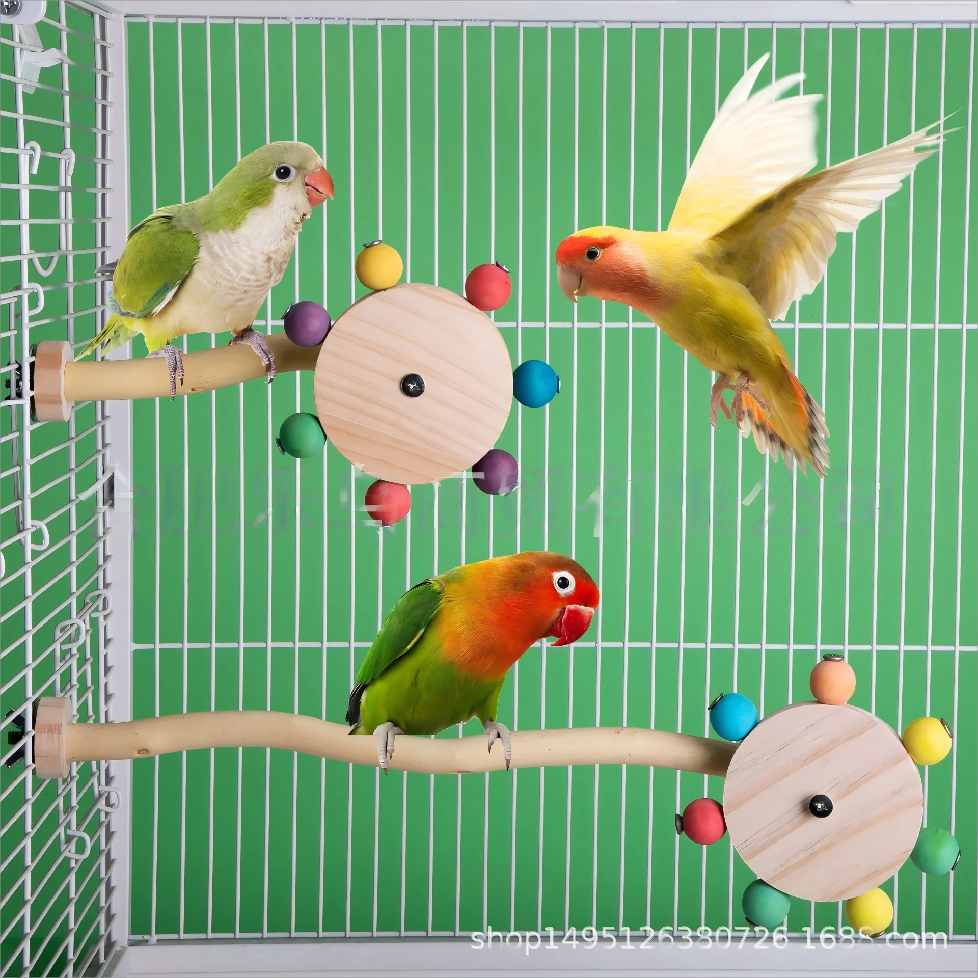 Divertido juguete de percha con bolas giratorias, soporte interactivo de madera para pájaros, juguete de forrajeo de loro colorido, molino de viento giratorio para molinos - imagen 3