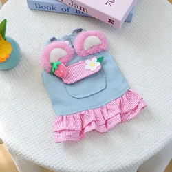 Ropa para mascotas de otoño e invierno: falda vaquera con estampado de fresa y flores, lindo vestido para cachorros para perros pequeños