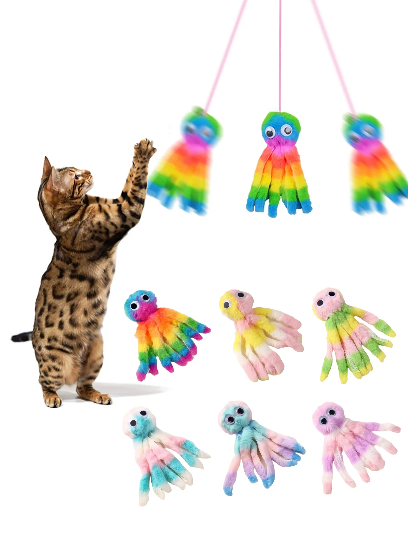 Adorable juguete de peluche de pulpo para gatos, juego interactivo para masticar y patadas, cabezales de repuesto de varita de teaser, colores surtidos para gatos de interior - imagen 4