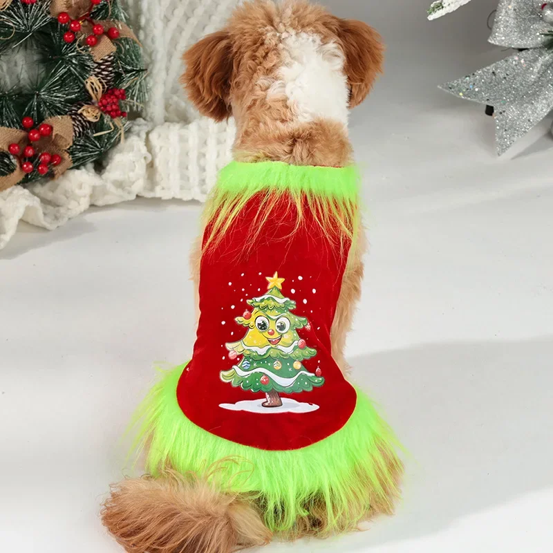 Tallas S–XL para perros pequeños y medianos Chaleco para perros con ribete peludo y árbol de Navidad, camisa navideña cálida de terciopelo, rojo/verde, flecos divertidos, - imagen 4