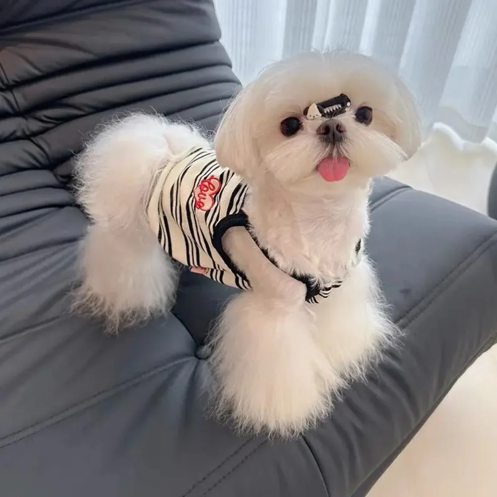 Ropa de verano para mascotas, camiseta sin mangas a rayas, protector solar bordado, ropa fina y transpirable para cachorros pequeños, chaleco refrescante para perros - imagen 4