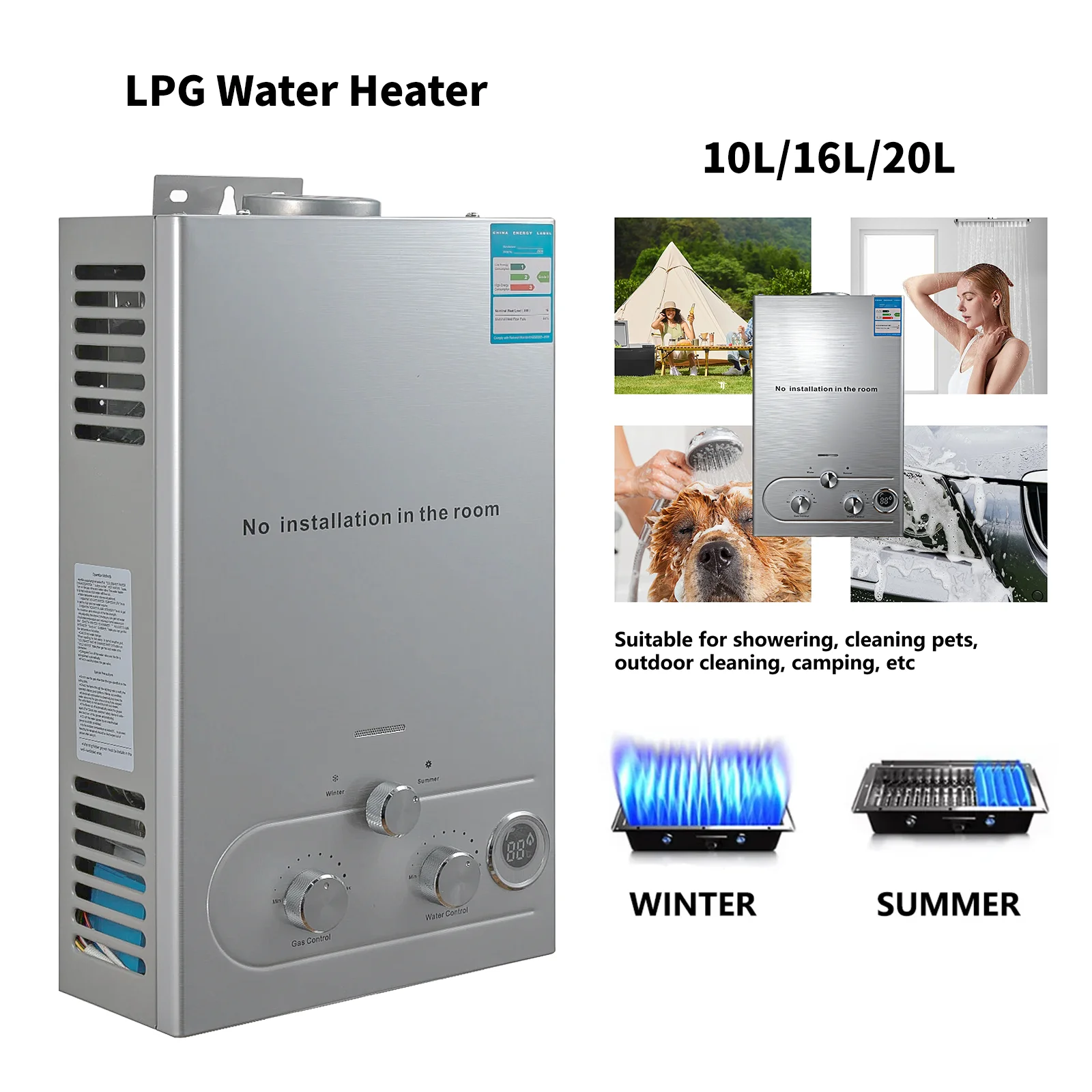 Calentador de agua LPG de 10/16/20L, calentador de agua de Gas de petróleo licuado de propano, Kit de caldera de acero inoxidable para exteriores, hogar y Camping