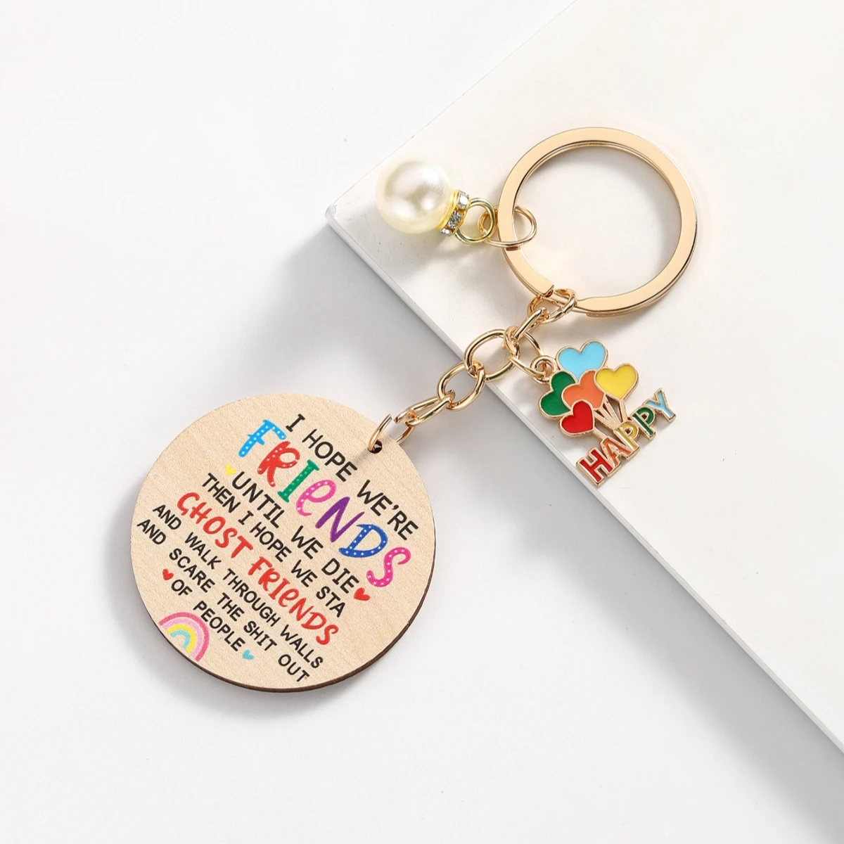 Llavero con colgante feliz de perlas de imitación de madera, regalos diarios a compañeros de trabajo y amigos, Jefe, mejor amigo, buen amigo, 1 pieza - imagen 5