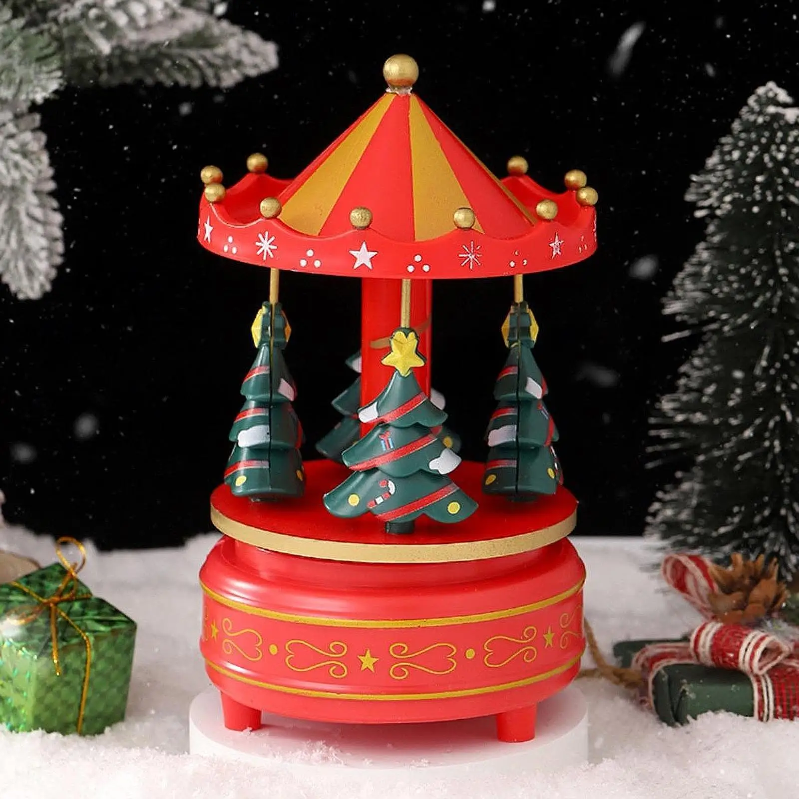 Christmas Carousel Music Box Decoration Xmas Tree Design Hand Painted Fine Craftsmanship for New Year Gifts 4.1x6.9inch