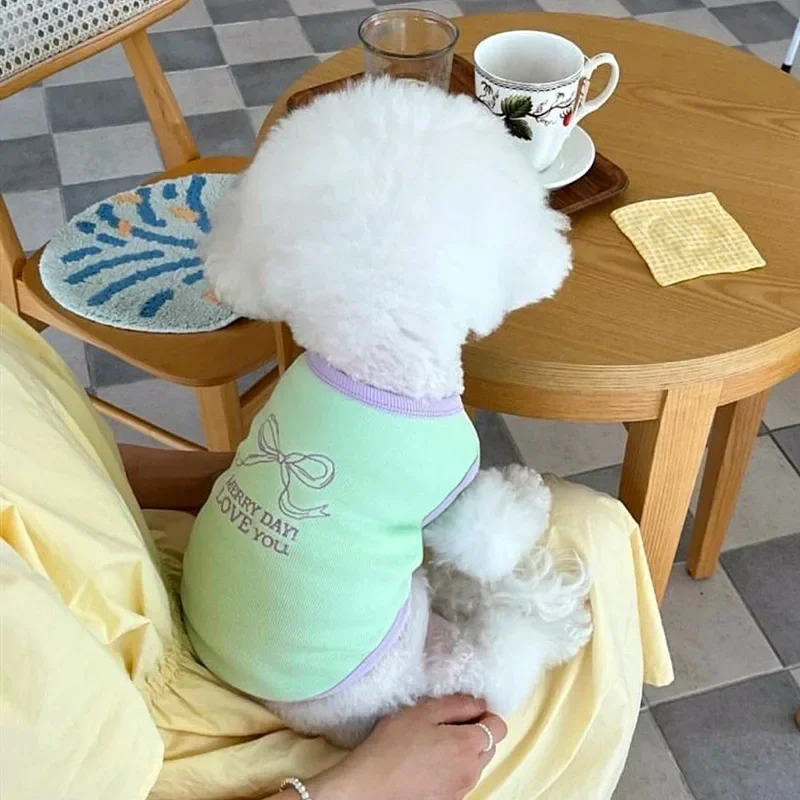 Camiseta sin mangas de algodón Schnauzer para verano, ropa para perros bordada con letras, camiseta fresca de peluche, camiseta inferior de dos patas Bichon Frise - imagen 3