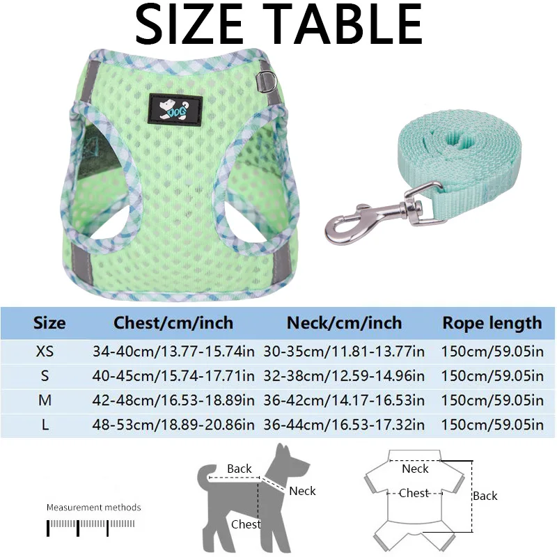 Un arnés de perro verde y azul con una cuerda adjunta