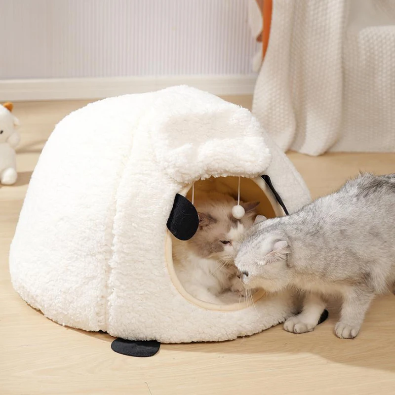 BOOTEELY-casa para gatos tridimensional semicerrada con forma de oveja, cálida, para invierno, cama Universal para gatos para las cuatro estaciones - imagen 2