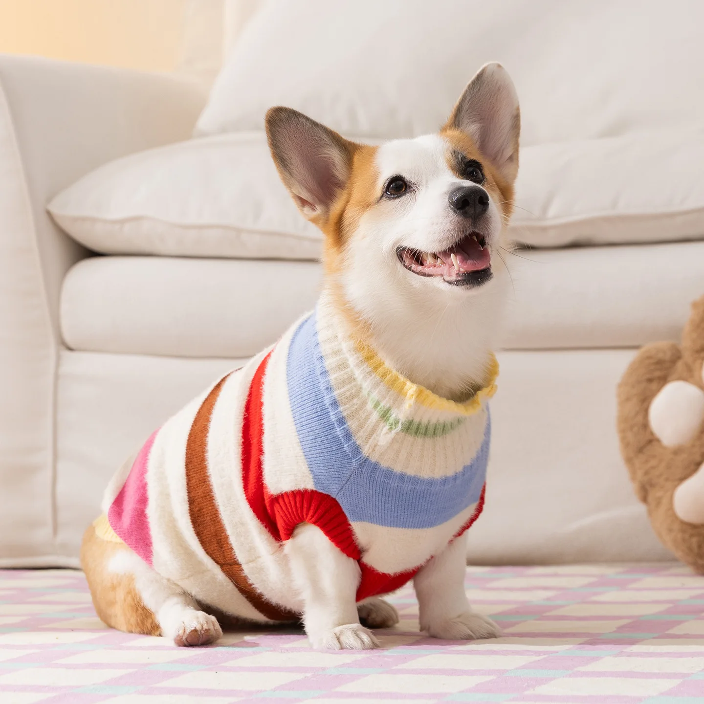 Otoño Invierno Arco Iris rayas corgi suéter cálido perro de tamaño mediano mascota gato de peluche abrigo ropa para perros pequeños ropa para cachorros - imagen 3