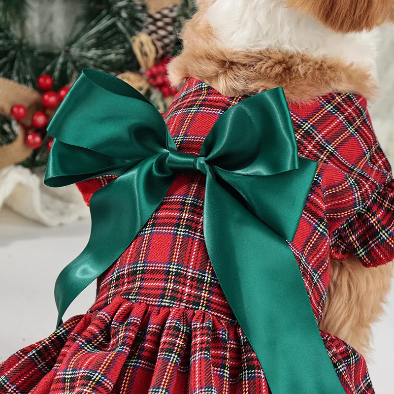 Vestido navideño a cuadros para perros pequeños/medianos con lazo grande, terciopelo cálido, S-XL, traje navideño para mascotas para perros - imagen 5