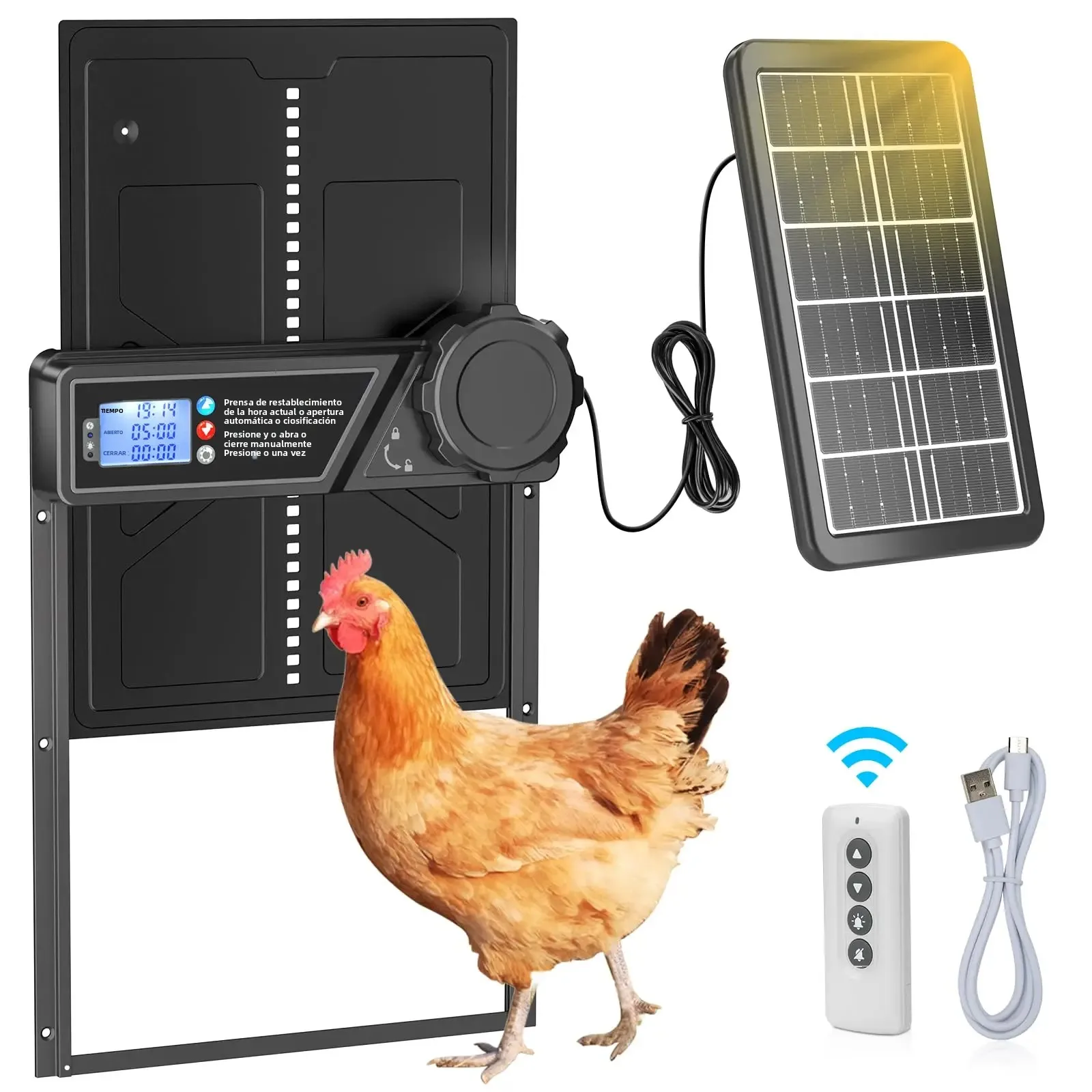 Puerta automática para gallinero con energía solar, pantalla LCD, puerta automática para pollos con temporizador, puerta para pollos de aleación de aluminio con control remoto
