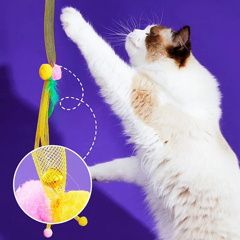 Juguete para gatos con plumas, palo elástico para gatos, juguetes interactivos con mango largo, juguete para gatos con campana, juguetes de plumas de primavera para gatos - imagen 2
