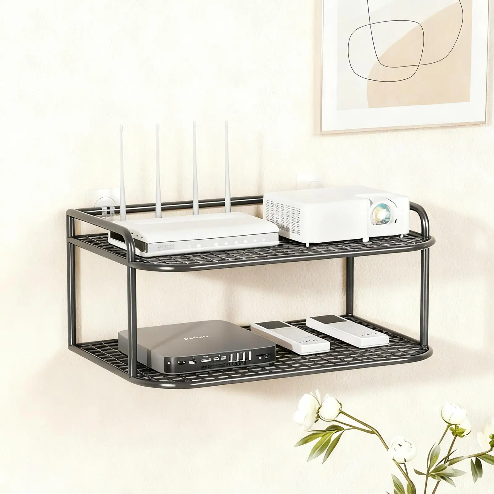 Router Shelf,Sturdy Easy to Use Parts Space Saving Stable Hollow Design,Floating Shelf,Wall Mount Shelf,Wall Rack for Bedroom