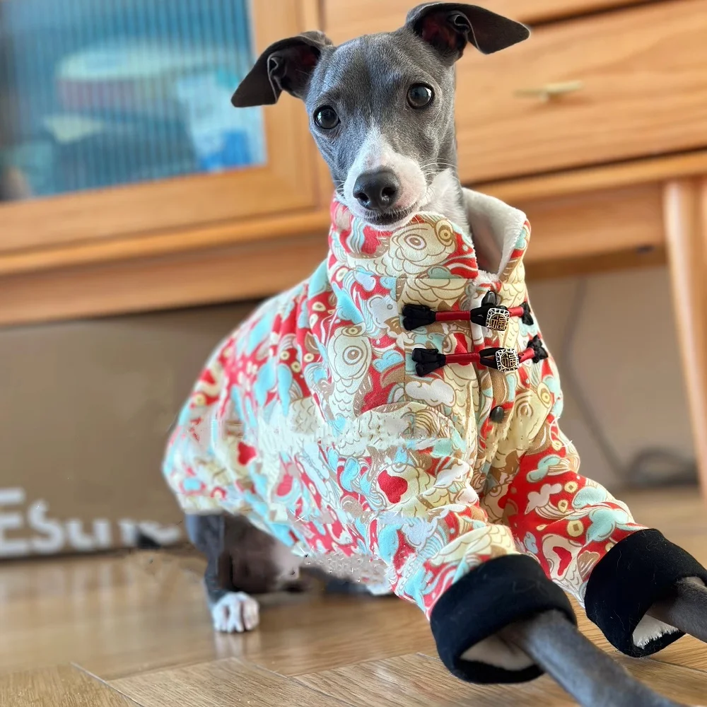 Chaqueta de forro polar con hebilla de nudo chino para Italia Greyhound Invierno cálido Manga larga Abrigo rojo para perros medios Traje de Año Nuevo de Wellington - imagen 2