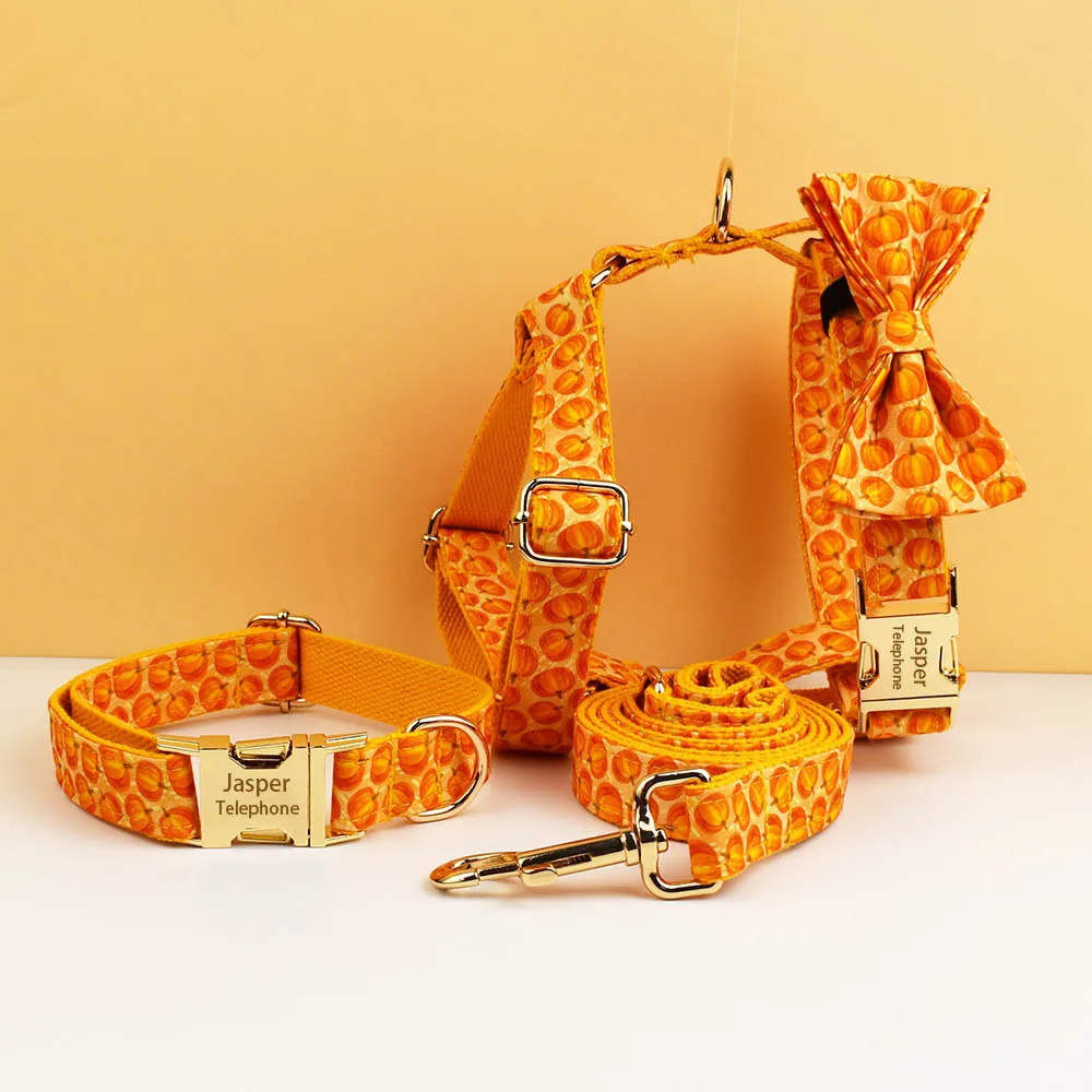 Collar de perro personalizado de Halloween con etiqueta de nombre de identificación grabada gratis, conjunto de accesorios para mascotas con correa y arnés a juego