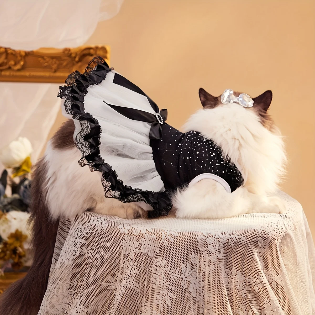 Vestido de perro con tutú de lunares con ribete de encaje, atuendo formal de boda para mascotas, accesorio fotográfico de lentejuelas brillantes, poliéster de algodón blanco y negro - imagen 5