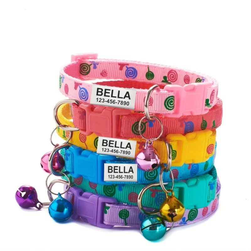 Collar de gato grabado antipérdida con campana, estampado de piruleta, etiqueta de identificación de nombre personalizada, accesorio personalizado para productos para mascotas