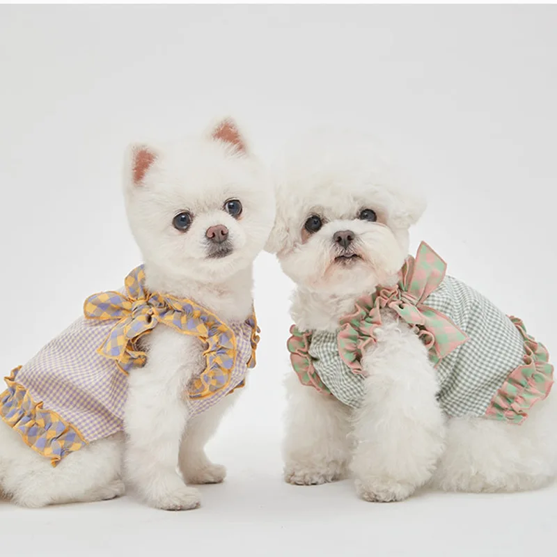 Chaleco de encaje a cuadros para mascotas, traje para parejas, primavera/verano, nuevo chaleco a cuadros, camiseta, ropa para perros pequeños, ropa para cachorros - imagen 4