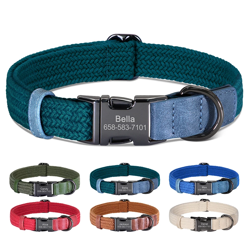 Collar personalizado para perro ajustable de nailon con nombre grabado