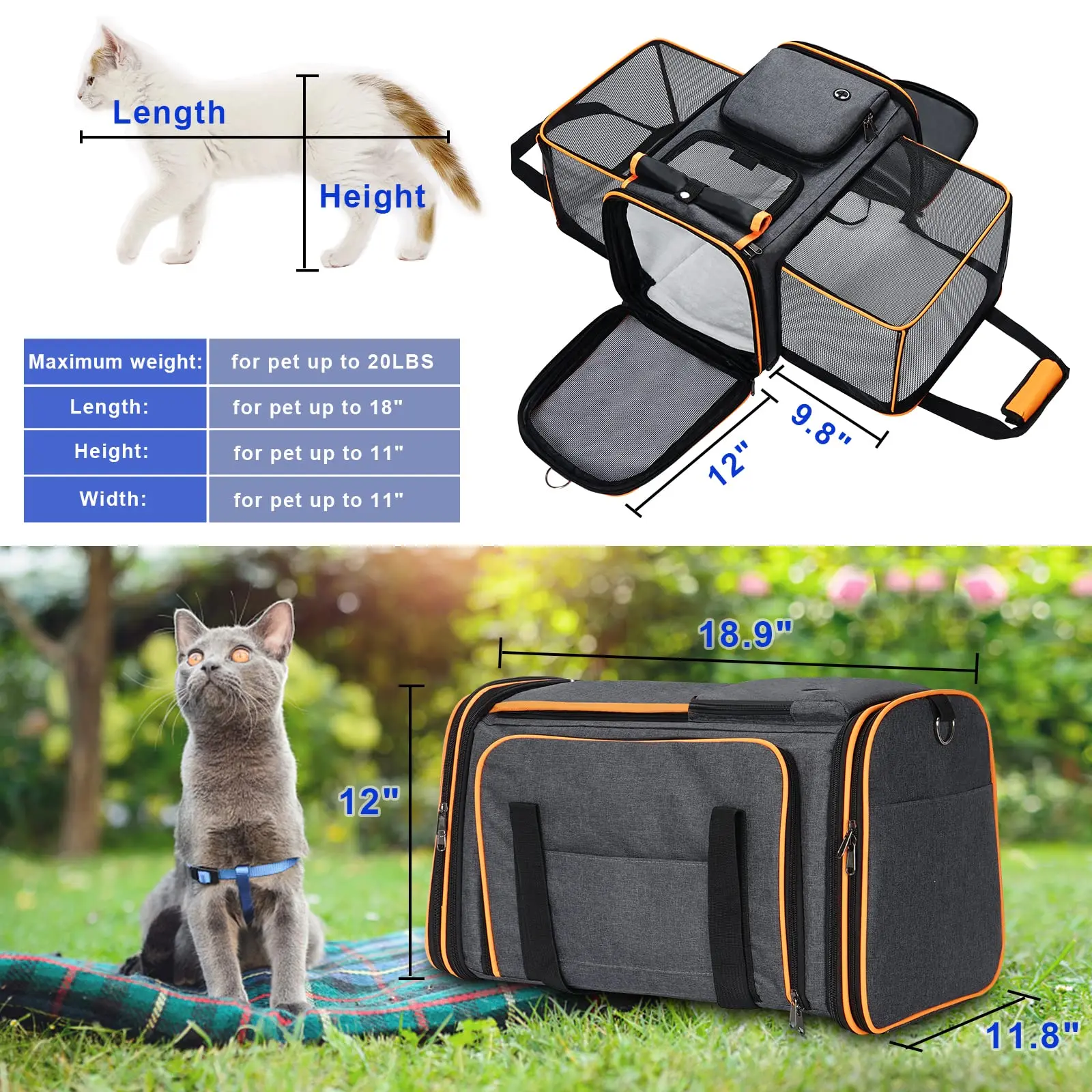 Portador grande reversible expandible para perros y gatos, con almohadilla de forro polar y bolsillos para gatos/perros de hasta 24 libras, portador de viaje para mascotas - imagen 2