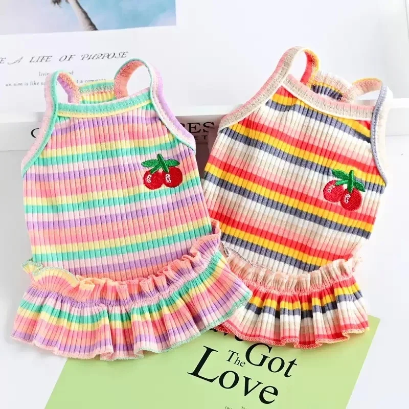 Vestido de lujo a rayas con estampado frutas para perro gato Chihuahua