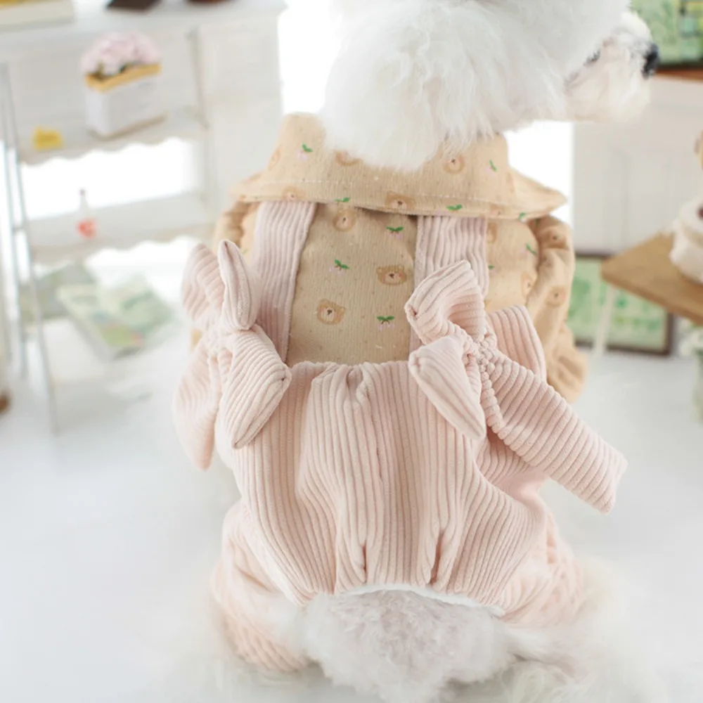 Pantalones de tirantes de dibujos animados con lazo para mascotas, ropa cálida de terciopelo de cuatro patas para perros pequeños, Mono para perros, abrigo de cuatro patas, Otoño e Invierno - imagen 5