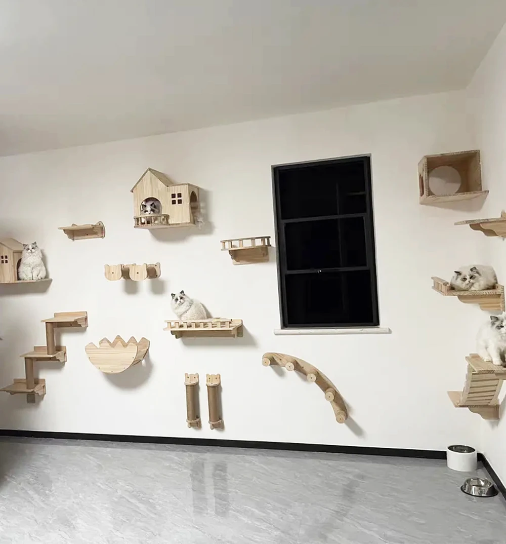 Plataforma de salto para gatos montada en la pared con nubes de fieltro, escalera cilíndrica segmentada curvada para gatos montada en la pared de madera maciza para gatos - imagen 5