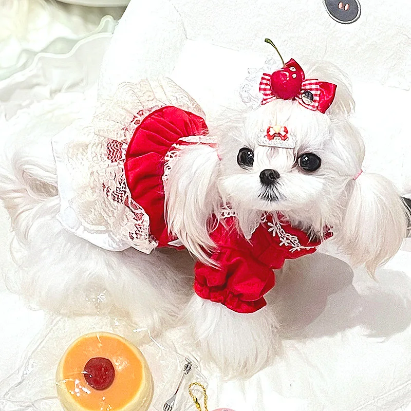 Vestidos lolita para perros pequeños, vestido de princesa de encaje para mascotas, vestido de boda, fiesta de cumpleaños para cachorros, ropa Formal, vestido de terciopelo rojo para perros - imagen 4