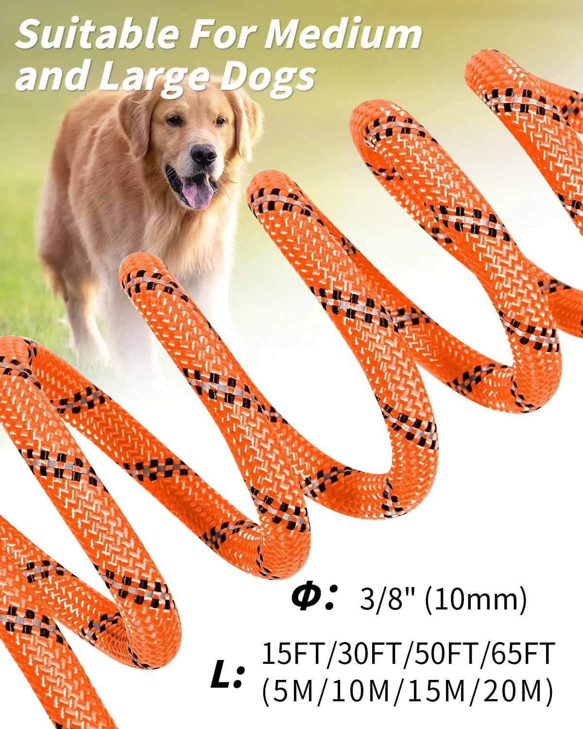 Correa de 30 pies de largo para perro con mango acolchado extraíble, correa resistente para perros grandes, correa de entrenamiento reflectante para jugar, acampar