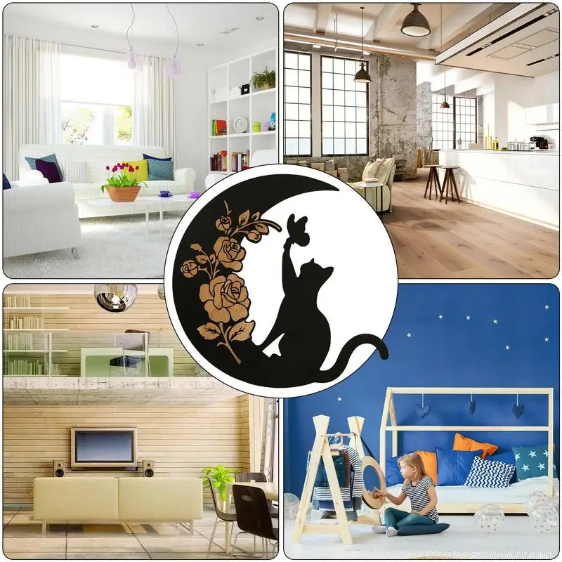 Arte de pared de gato negro, decoración montada en la pared, colgante de madera de gato negro, decoraciones interiores para comedor, habitación de niños, sala de estar - imagen 3